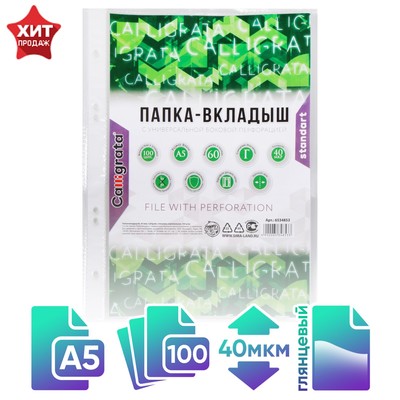Файл - вкладыш Calligrata, А5, 40 мкм, глянцевый, вертикальный, 100 штук