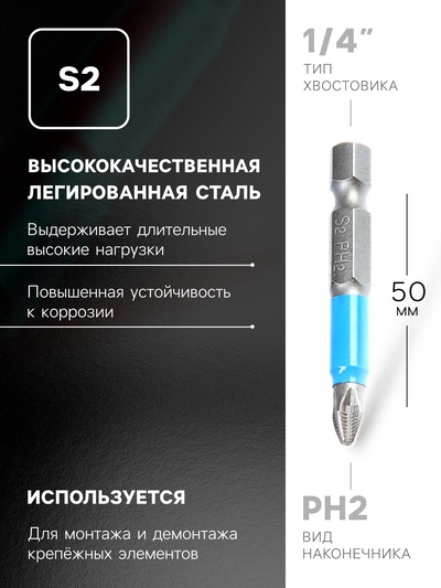 Бита ТУНДРА, сталь S2, отрывная лента, PH2×50 мм