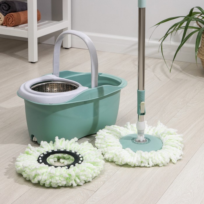 Швабра с отжимом и ведро с металлической центрифугой, 14,4 л, запасная насадка из микрофибры, цвет МИКС - Фото 1