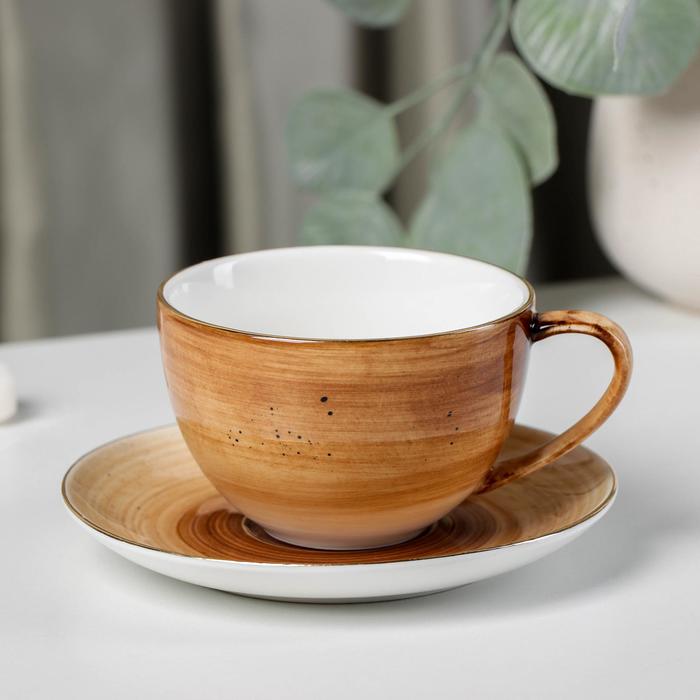 Чайная пара фарфоровая Доляна «Млечный путь», 2 предмета: чашка 220 мл, блюдце d=13,5 см, цвет коричневый - Фото 1