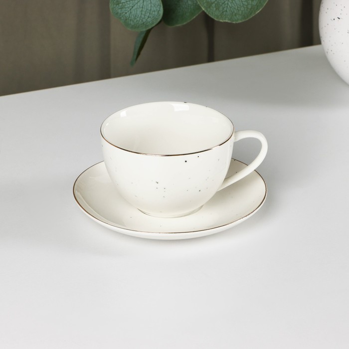 Чайная пара фарфоровая Доляна «Млечный путь», 2 предмета: чашка 220 мл, блюдце d=13,5 см, цвет белый в крапинку - Фото 1