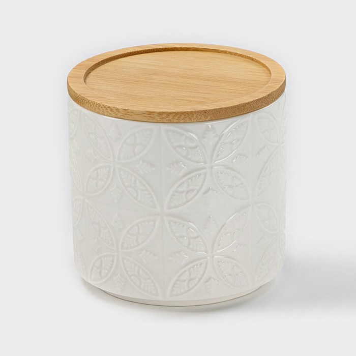 Банка для хранения сыпучих продуктов BellaTenero «Листья», 300 мл, d=8,5 см, с бамбуковой крышкой, фарфоровая, цвет белый - Фото 1