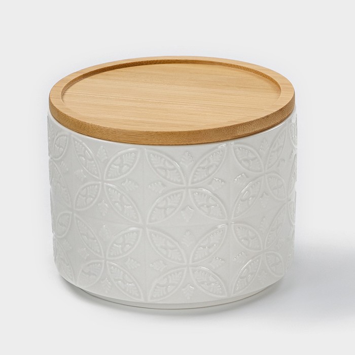 Банка для хранения сыпучих продуктов BellaTenero «Листья», 330 мл, d=10 см, с бамбуковой крышкой, фарфоровая, цвет белый - Фото 1