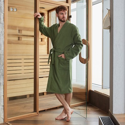 Халат вафельный мужской удлинённый Экономь и Я размер 54-56, цвет хаки, 100% хлопок, 200 г/м²