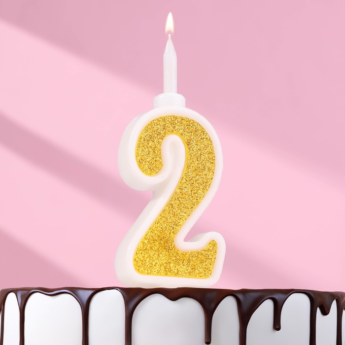 Свеча для торта "Суперблеск", 10,4 см, цифра "2", золотая блестка - Фото 1