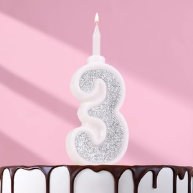 Свеча для торта "Суперблеск", 10,4 см, цифра "3", серебряная блестка