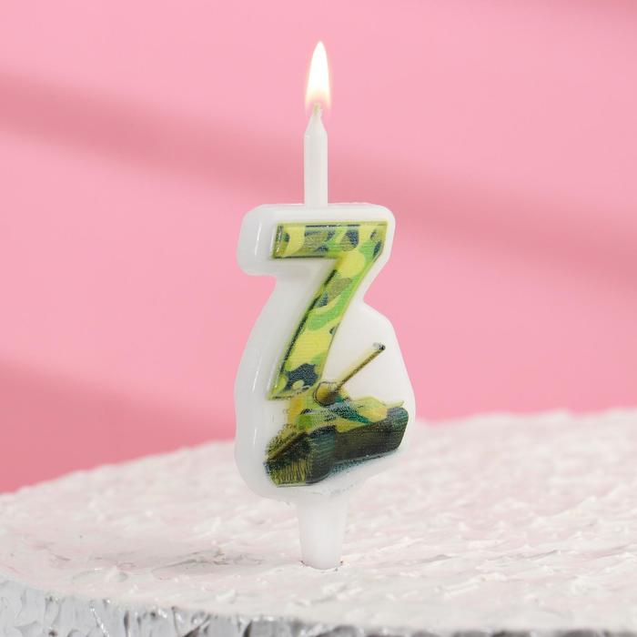 Свеча для торта "Танк", 10,2 см, цифра "7", зеленый милитари - Фото 1