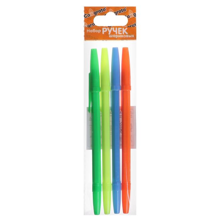 Набор ручек шариковых 4 штуки, стержень 0.7 мм синий, корпус НЕОН - Фото 1