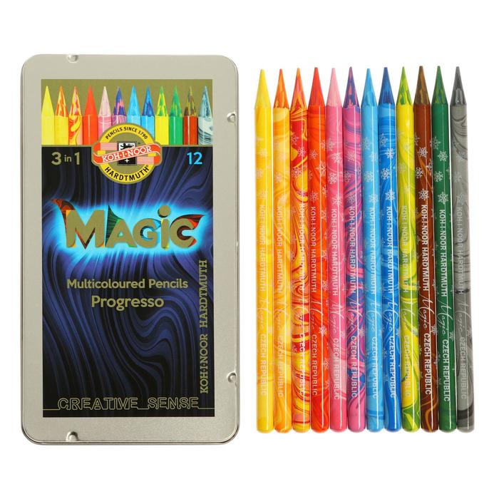 Карандаши цветные цельнографит 12 цветов Koh-I-Noor PROGRESSO MAGIC 8772, металлический пенал - Фото 1