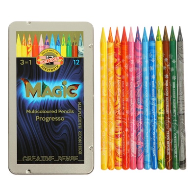 Карандаши цветные цельнографит 12 цветов Koh-I-Noor PROGRESSO MAGIC 8772, металлический пенал