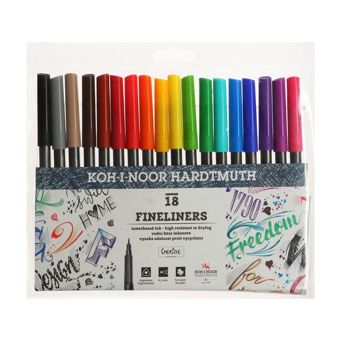 Набор ручек капиллярных 18 цветов, 0,3 мм Koh-I-Noor FINELINERS 7021, пластмассовая упаковка - Фото 1