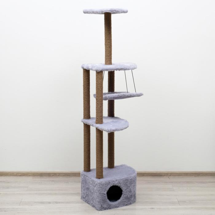 Комплекс для кошек с когтеточкой, угловой, с гамаком, 48 х 48 х 171 см, серый - Фото 1