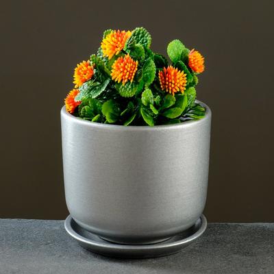 Горшок для цветов «Металлик №2», керамический, с поддоном, 850 мл, d=12 см, серый