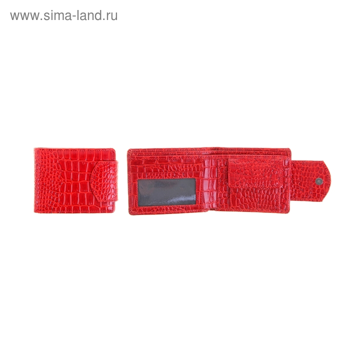 Кошелёк женский на кнопке, одно отделение, 4 кармана для карт, карман для мелочи на кнопке, крокодил красный - Фото 1