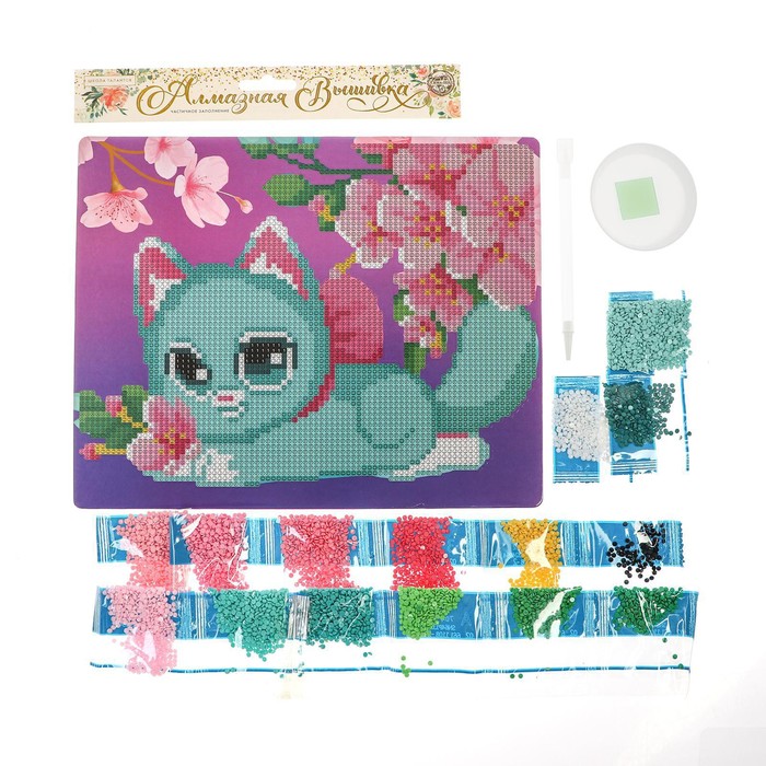 Алмазная мозаика для детей «Милый котик и сакура» 20х25 см - фото 1907231525