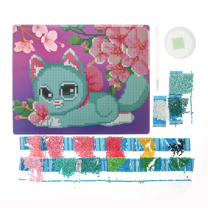 Алмазная мозаика для детей «Милый котик и сакура» 20х25 см - фото 1907231526