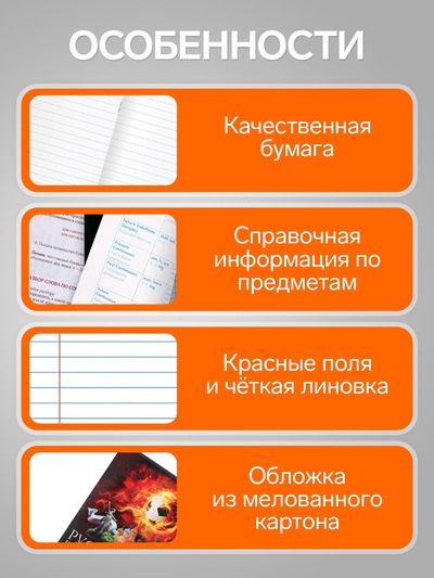 Предметная тетрадь по русскому языку Calligrata «Футбол», 48 листов, в клетку, со справочным материалом, обложка из мелованного картона