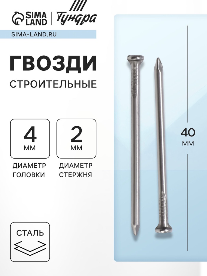 Гвозди ТУНДРА, строительные, ГОСТ 4028-63, без покрытия, 2×40 мм, фасовка 1 кг - Фото 1