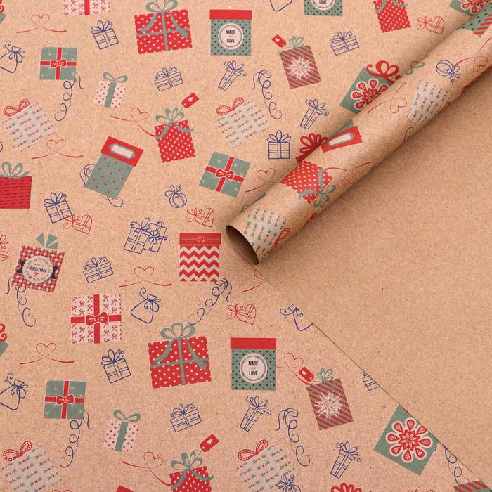 Бумага упаковочная крафт "Подарки", 0,5 х 0,7 м - Фото 1