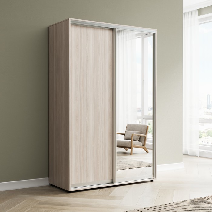 Шкаф-купе «Сим ДЗ», 1200×600×2300 мм, ЛДСП/зеркало, с ящиками, цвет ясень шимо светлый - Фото 1