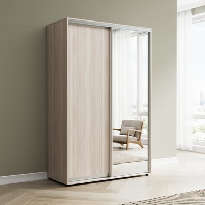 Шкаф-купе «Сим ДЗ», 1400×600×2300 мм, ЛДСП/зеркало, с ящиками, цвет ясень шимо светлый