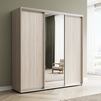 Шкаф-купе «Сим ДЗ», 1500×600×2300 мм, ЛДСП/зеркало, с ящиками, цвет ясень шимо светлый