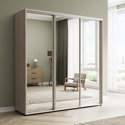 Шкаф-купе «Сим З», 1800×600×2300 мм, ЛДСП/зеркало, с ящиками, цвет ясень шимо светлый