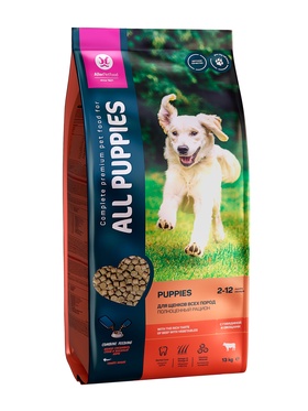 Сухой корм ALL PUPPIES для щенков, говядина и овощи, 13 кг