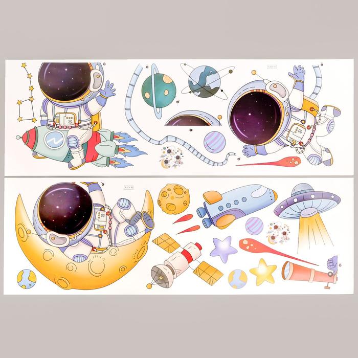 Наклейка пластик интерьерная цветная "Маленькие космонавты" 30х90 см набор 2 листа - фото 1907233332