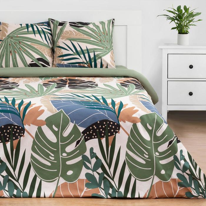 Постельное бельё евро «Этель» Colored tropics, поплин, зелёное