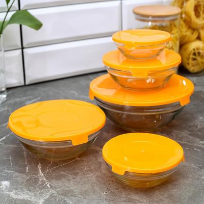 УЦЕНКА Набор салатников с крышками, 5 шт.: 900 мл (17×7.6 см), 500 мл (16×6 см), 350 мл (12.5×5.4 см), 200 мл (10.5×4.5 см), 130 мл (9×3.7 см), цвет оранжевый