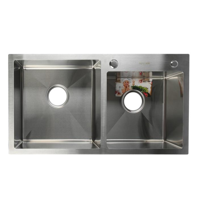 Мойка кухонная AFLORN AF97843-D, врезная, двойная, S=3.0 и 0.8 мм, 78×43×22 см, сифон, сатин - Фото 1