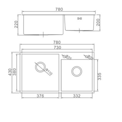 Мойка кухонная AFLORN AF97843-D, врезная, двойная, S=3.0 и 0.8 мм, 78×43×22 см, сифон, сатин