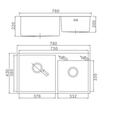 Мойка кухонная AFLORN AF97843B-D, врезная, двойная, S=3.0 и 0.8 мм, 78×43×22 см, сифон, графит