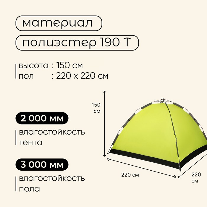 Палатка-автомат туристическая Maclay SWIFT 3, однослойная, 220х220х150 см, 3-местная - фото 1905785017