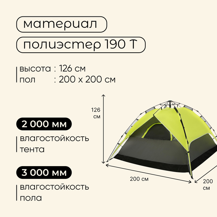 Палатка-автомат туристическая Maclay SWIFT 3, 200х200х126 см, 3-местная, однослойная - фото 1905785033