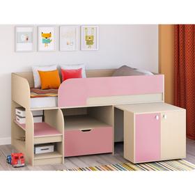 Детская кровать-чердак «Астра 9 V9», выдвижной стол, цвет дуб молочный/розовый