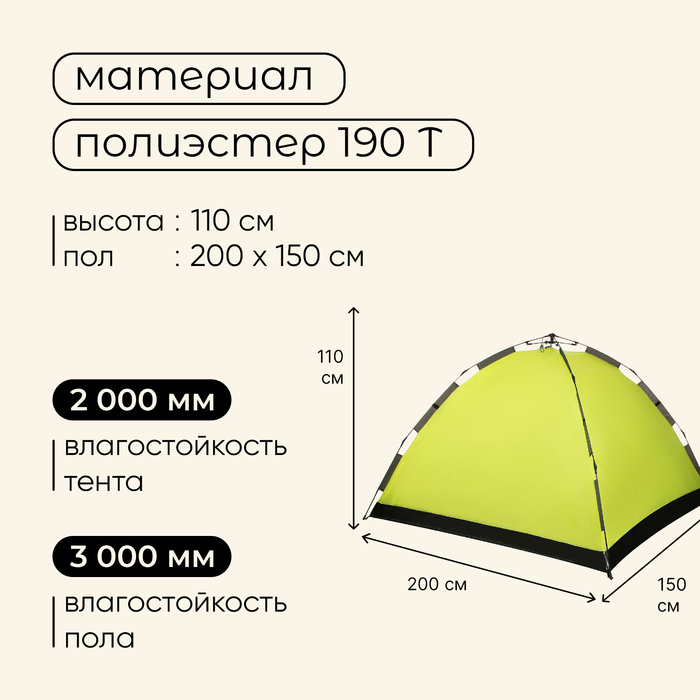 Палатка-автомат туристическая Maclay SWIFT 2, 200х150х110 см, 2-местная, однослойная - фото 1905785440