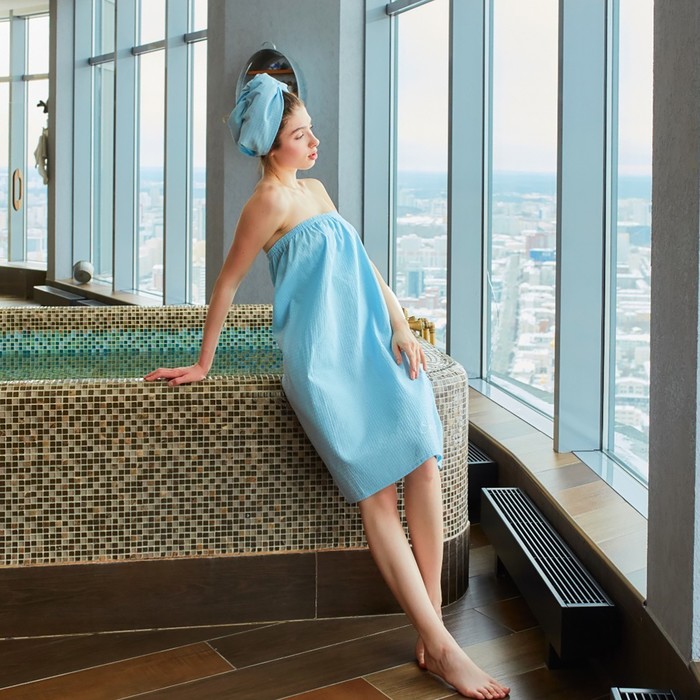 Набор для бани Spa day жен.парео 80х150±4 см, чалма, 100% хл., ваф.полотно, голубой - Фото 1