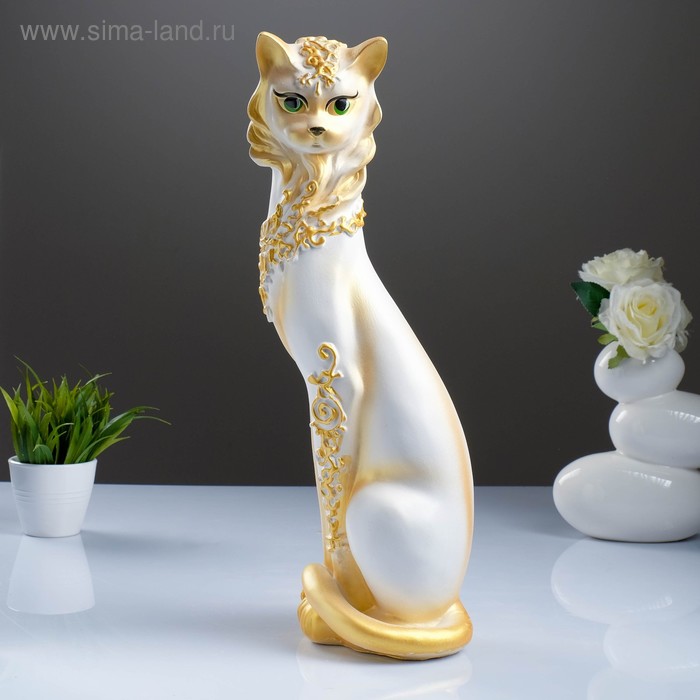 Фигура "Кошка Маркиза орнамент" белая/золото 14х14х48см - Фото 1