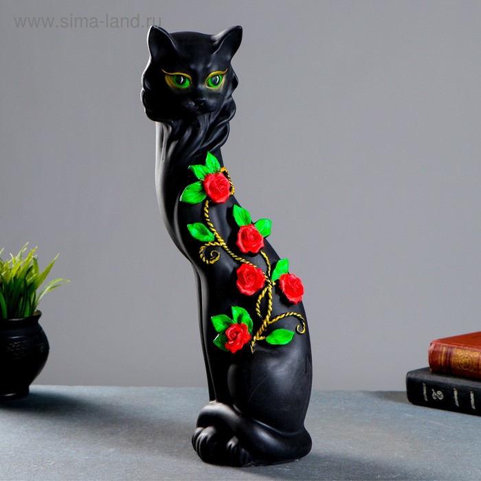 Копилка "Кошка Маркиза" средняя, китайские розы, чёрная, 41см - Фото 1