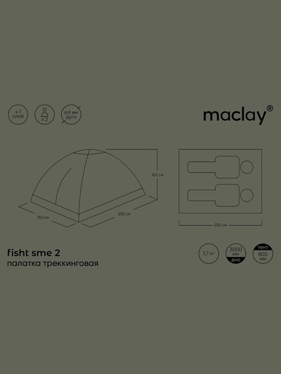 Палатка туристическая 2-местная maclay fisht sme 2, 205×150×105 см, трекинговая, однослойная, МИКС