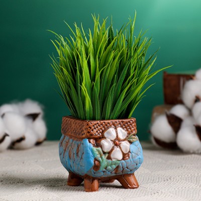 Горшок керамический на ножках, 120 мл, 6×6×6 см, коричнево-голубой