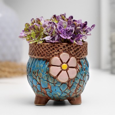 Горшок «Цветочек» керамический, 110 мл, 6×6×5 см, на ножках, голубой с коричневым