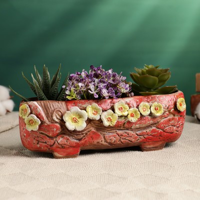 Горшок - бонсайница с цветами, красное, 20*7*4,5см