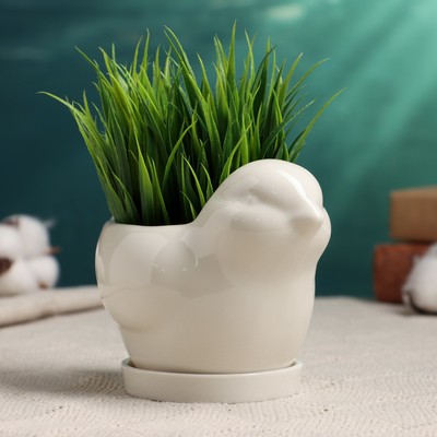 Декоративный горшок для цветов «Птичка», 250 мл, 12×8.5 см, керамика, с поддоном, белый, Greengo