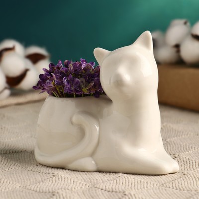 Декоративный горшок для цветов «Котёнок», 200 мл, 13×7.4×10.3 см, керамический, белый