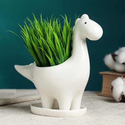 Декоративный горшок для цветов «Диплодок», 150 мл, 15.5×7.2×16 см, керамический, с поддоном, белый, Greengo