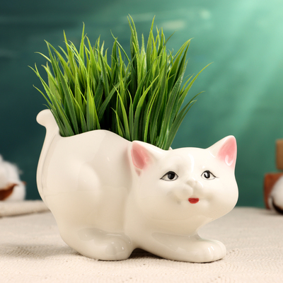 Декоративный горшок для цветов «Кошка», 450 мл, 15.4×8.1×8 см, керамический, белый