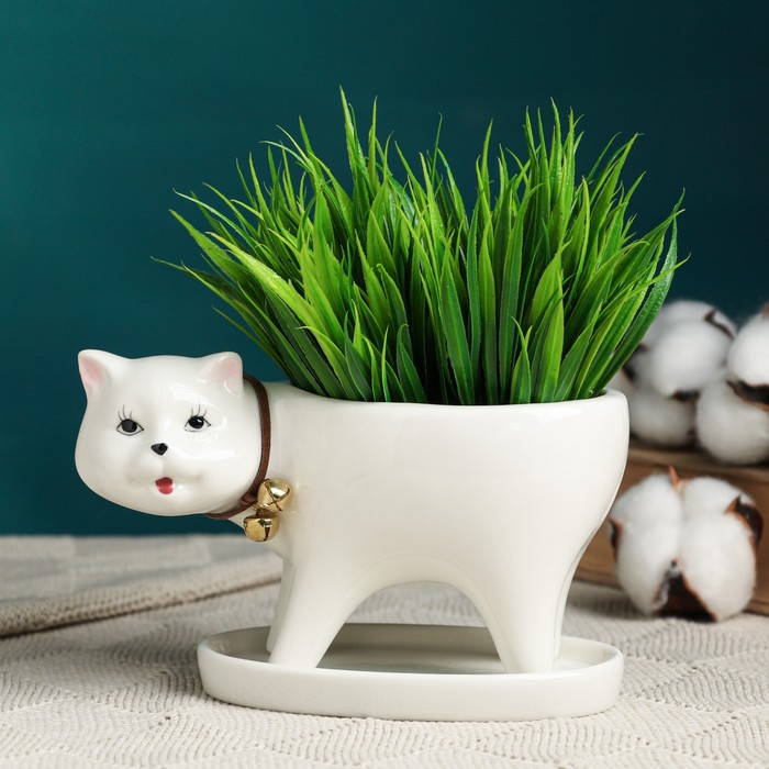 Декоративный горшок для цветов «Кошка», 250 мл, 15.5×7.5×9.5 см, с поддоном, керамика, белый, Greengo - Фото 1